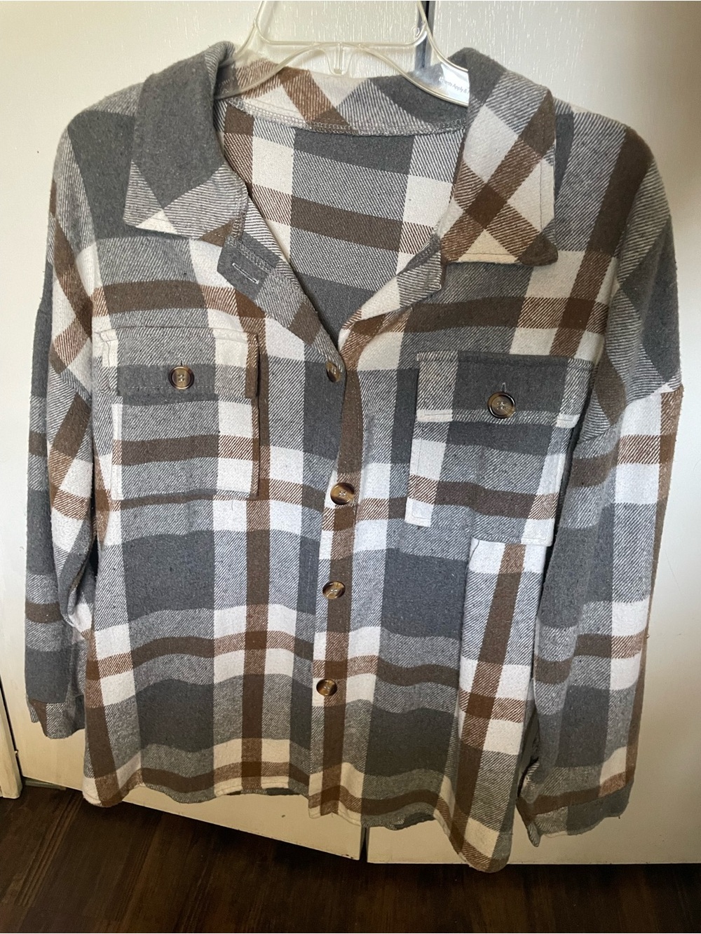 Plaid Button-Front Shacket in Gray, Brown & White